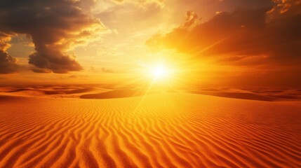 A blazing desert landscape at noon with the sun fiercely beating down on the sand and the air shimmering with heat