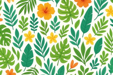 Colorful seamless pattern with tropical leaves and flowers. Bright and vibrant botanical design for summer, fabric, or wallpapers.