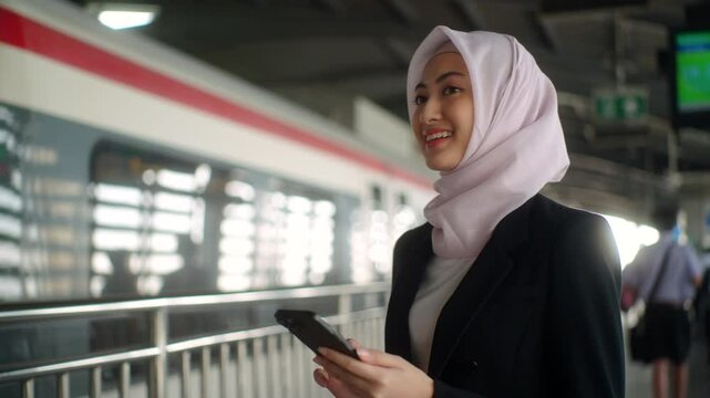 Happy asian muslim business woman wearing hijab holding and using smartphone waiting railway or skytrain at train station. Islamic woman people lifestyle travel. Muslim people concept.
