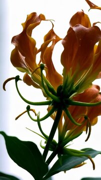 Gloriosa superba flower with orange petals and green stem against a bright white background in a macro studio shot with detailed texture.