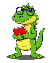A cartoon illustration of a friendly green crocodile wearing glasses and holding a book
