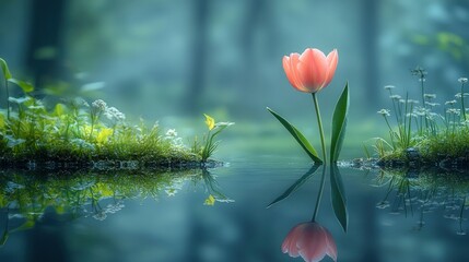 Peach tulip in misty forest pond