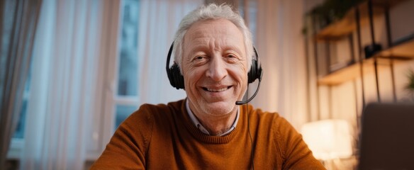 Fototapeta premium The Senior Man Smiling While Wearing a Headset in a Cozy Indoor Office