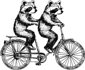 raccoons ride tandem bike sketch engraving vector illustration. T-shirt apparel print design. Scratch board imitation. Black and white hand drawn image. © Sean