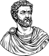 Marcus Aurelius stoic philosopher and roman emperor marble bust line art sketch engraving vector illustration. T-shirt apparel print design. Scratch board imitation. Black and white hand drawn image.