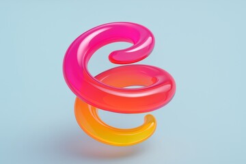 A glossy, vibrant abstract spiral sculpture resembling the letter "E" in bright pink and orange, set against a soft blue background, creating a playful and modern visual.

