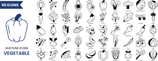 Vegetable icon set in duotone style. Containing mushroom, carrot, corn, eggplant, beetroot, potato, lettuce and more. Vector illustration