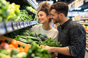 Young couple in supermarket choosing fresh vegetables, smiling and discussing upcoming dinner