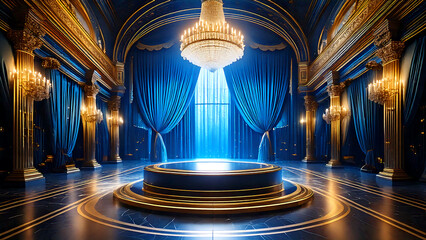 Obraz premium Luxurious royal ballroom interior featuring elegant chandeliers and blue drapes in opulent detail