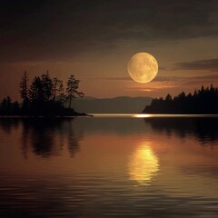 Fototapeta premium Full moon over calm lake reflecting light with trees and distant mountains at dusk or dawn time scene