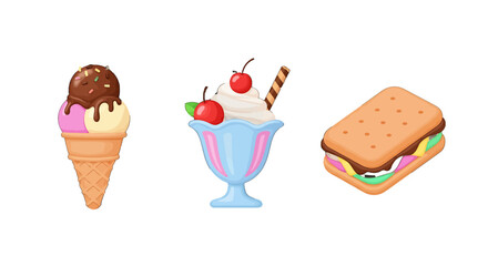Colorful Ice Cream Cone Sundae and Ice Cream Sandwich Illustration