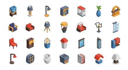 Fototapeta premium Colorful 3D Isometric Illustrations of Various Home Furnishings and Decor Items