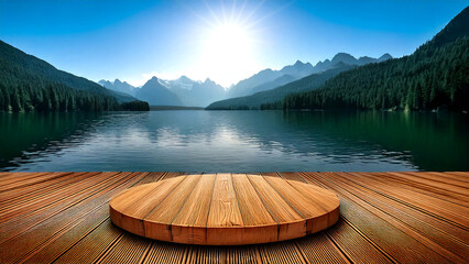 Scenic lake landscape with wooden deck display perfect for nature and product presentation
