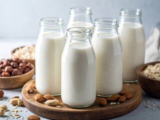 Five glass bottles of various plant-based milks on a wooden board, surrounded by bowls of almonds, hazelnuts, oats, and cashews, highlighting vegan and dairy-free milk alternatives.