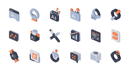 3D Isometric AI Technology vector icons sets Collection Data Analysis Processing and Network Visualization