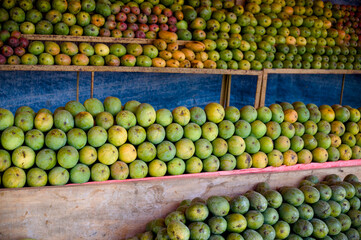 Vibrant green mangoes arranged in a market stall