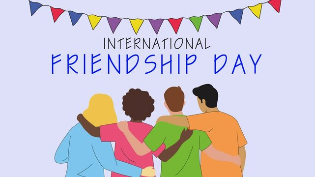 Illustration video with 4k quality. People of different ethnicities hugging, shaking hands and Uniting, in Minimalist Flat Style - perfect to celebrate international friendship day