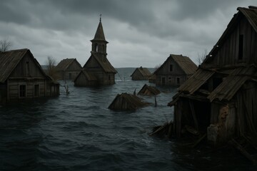 A haunting scene of a flooded village with partially submerged wooden houses under a gloomy sky. Evokes climate disaster, abandonment, and atmospheric mystery.