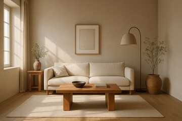 Fototapeta premium Bright, warm-toned Japandi-style living room with soft textures, natural wood, and minimalist decor. Peaceful, sunlit atmosphere with earthy elegance.