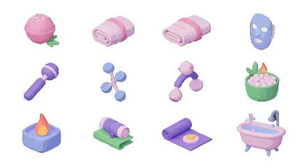 3D Isometric Spa Day Bath Bomb Towels Massagers Mask Candle and Miniature Bathtub