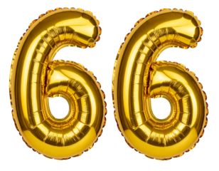 Shiny Golden Number 66 Inflatable Foil Balloons, front view, isolated on transparent background