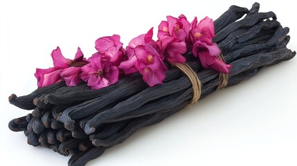 Dark vanilla pods bundled, topped with vibrant pink flowers