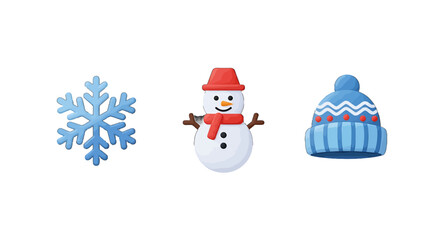 Winter Holiday vector icons sets Snowflake Snowman with Red Scarf Blue Knitted Hat