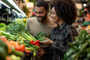 Young couple in supermarket choosing fresh vegetables, smiling and discussing upcoming dinner