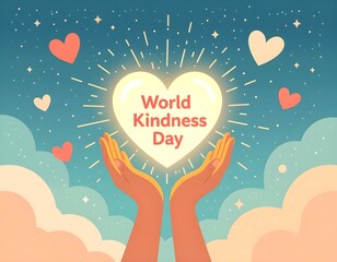 Hands holding a glowing heart radiating light and warmth, symbolizing kindness and compassion, for World Kindness Day.