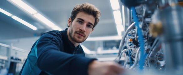 The male engineer interacting with advanced machinery in a modern industrial setting.