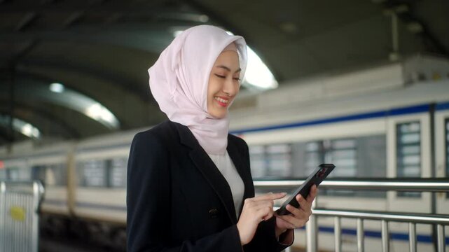 Happy asian muslim business woman wearing hijab holding and using smartphone waiting railway or skytrain at train station. Islamic woman people lifestyle travel. Muslim people concept.
