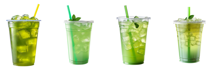 A collection of green drinks in plastic cups isolated on a transparent background