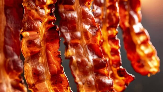 Close up of cooked bacon strips hanging in a row against blurred background, crispy bacon slices, flavorful pork.