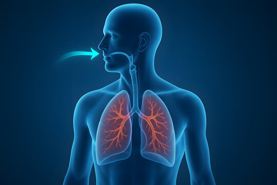 Human respiratory system diagram with glowing lungs and airflow path in side profile, anatomical medical illustration for biology, breathing mechanism, pulmonary health, and educational reference