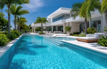 Fototapeta premium A large modern mansion in Miami with palm trees and an infinity pool, with white walls and glass windows