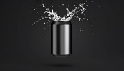 Black Can with Splashing Water: Refreshing Beverage Concept
