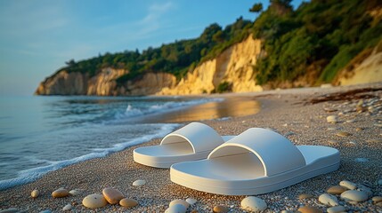 White sandals on a beach at sunrise