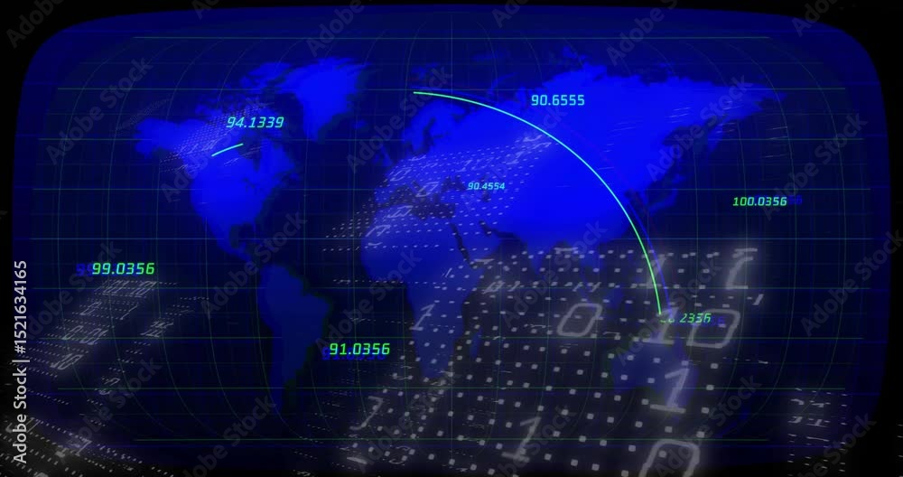 Poster numeric readouts appearing triggers digital map projecting cyan arcs tracing global data flows