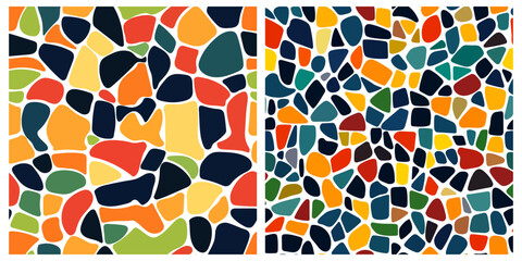 Abstract mosaic, a seamless design. A vector background. Perfect for creating a backdrop. Ceramic tile fragments. Colorful broken tiles, a mosaic of yellow, blue, and red.