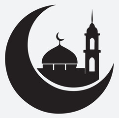 crescent moon with mosque silhouette vector art illustration, Islamic calligraphy of mosque