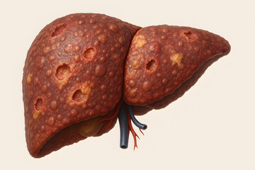 Medical illustration of a damaged human liver with cirrhosis, showing scarring and disease effects, used for healthcare education, liver disease awareness, and anatomical study