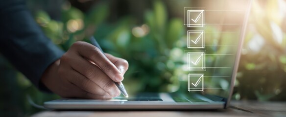 The laptop displaying a checklist while someone writes with a pen.