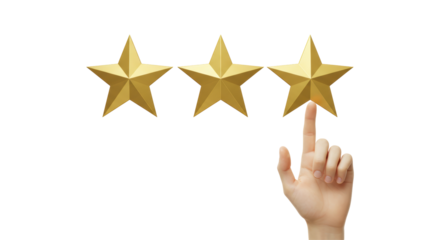 Isolated Hand Pointing to Three Golden Rating Stars