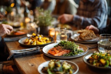 Obraz premium A medium shot of a family-style dinner where guests are enjoying traditional dishes made with locally sourced, organic ingredients, highlighting the connection between sustainability.