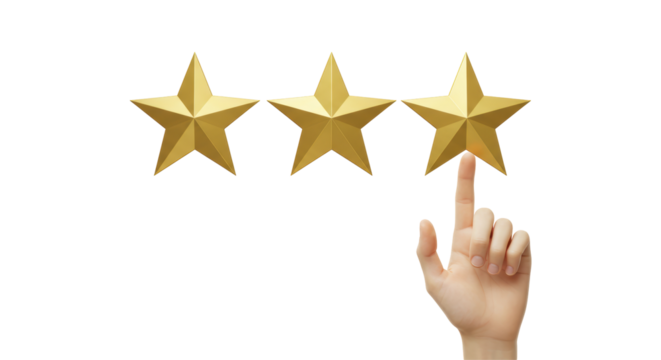 Isolated Hand Pointing to Three Golden Rating Stars