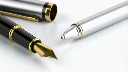 Elegant fountain pen with gold nib and silver ballpoint pen on white surface for writing and office supplies, still life - Powered by Adobe