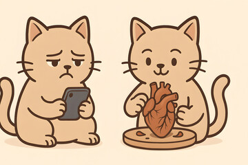 Fototapeta premium Cartoon cat holding human heart while other cat looks at phone, funny dark humor illustration, cute comic pet drawing, emotional feline artwork, surreal weird animal concept for digital storytelling
