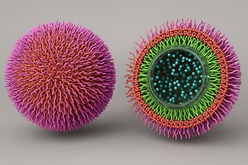 A vibrant and highly detailed 3D scientific illustration of a drug delivery nanoparticle with a multilayered polymer structure. 