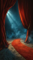 Dramatic red curtains reveal a mysterious path illuminated by soft light in an atmospheric setting