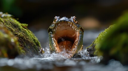 Spectacular Close-Up of a Young Spectacled Caiman Emerging from a Mossy Creek